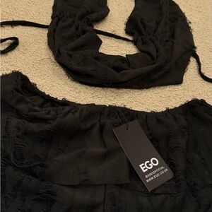EGO Black Textured Crop Top and Skirt Set